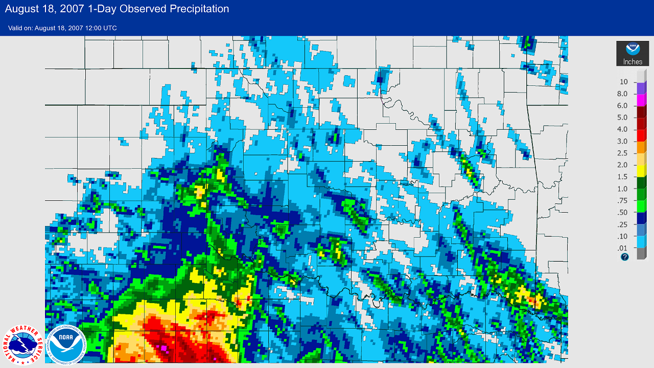 24-hour Multisensor Precipitation Estimates (MPE) ending at 7 AM CDT on August 18, 2007