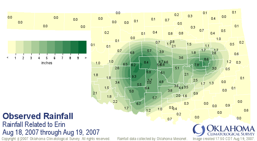 Observed Storm Total Rainfall for the August 18-19, 2007 Tropical Storm Erin Event