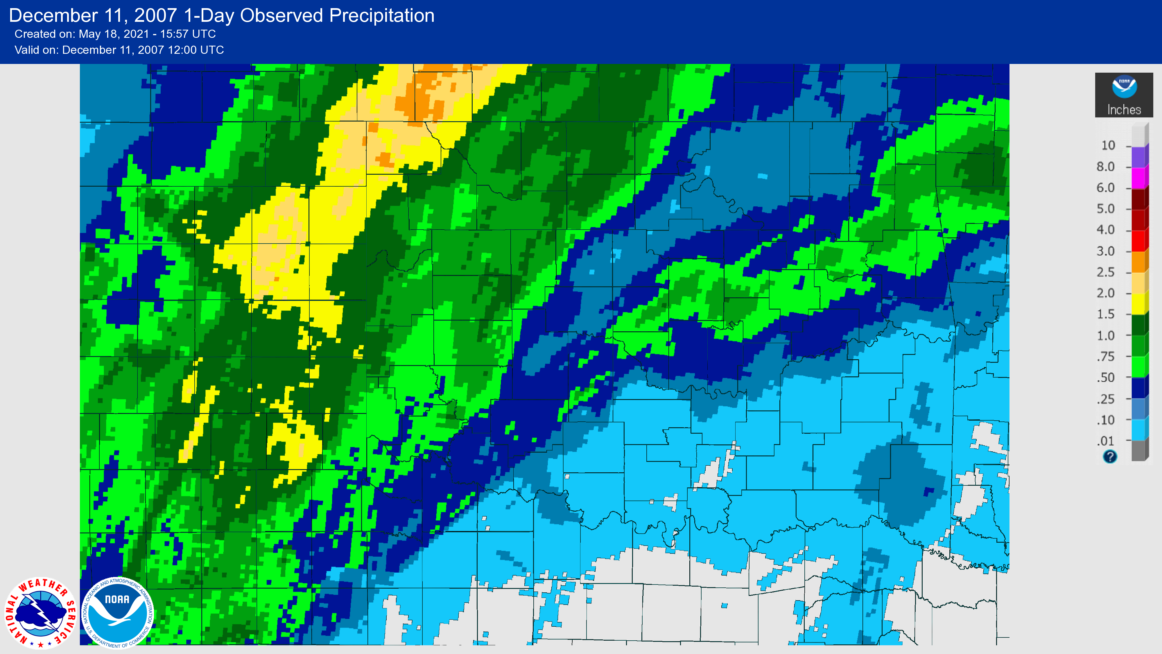 24-hour Precipitation Total ending at 6:00 AM CST on December 11, 2007 for the NWS Norman, Oklahoma Forecast Area
