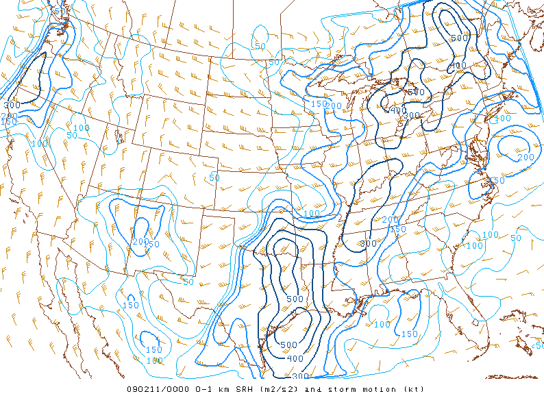 0-1km Storm Relative Helicity at 6:00 pm CST, February 10, 2009