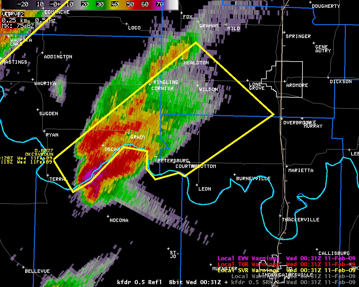 KFDR Reflectivity Image and Warning Polygons at 6:31 pm CST on February 10, 2009