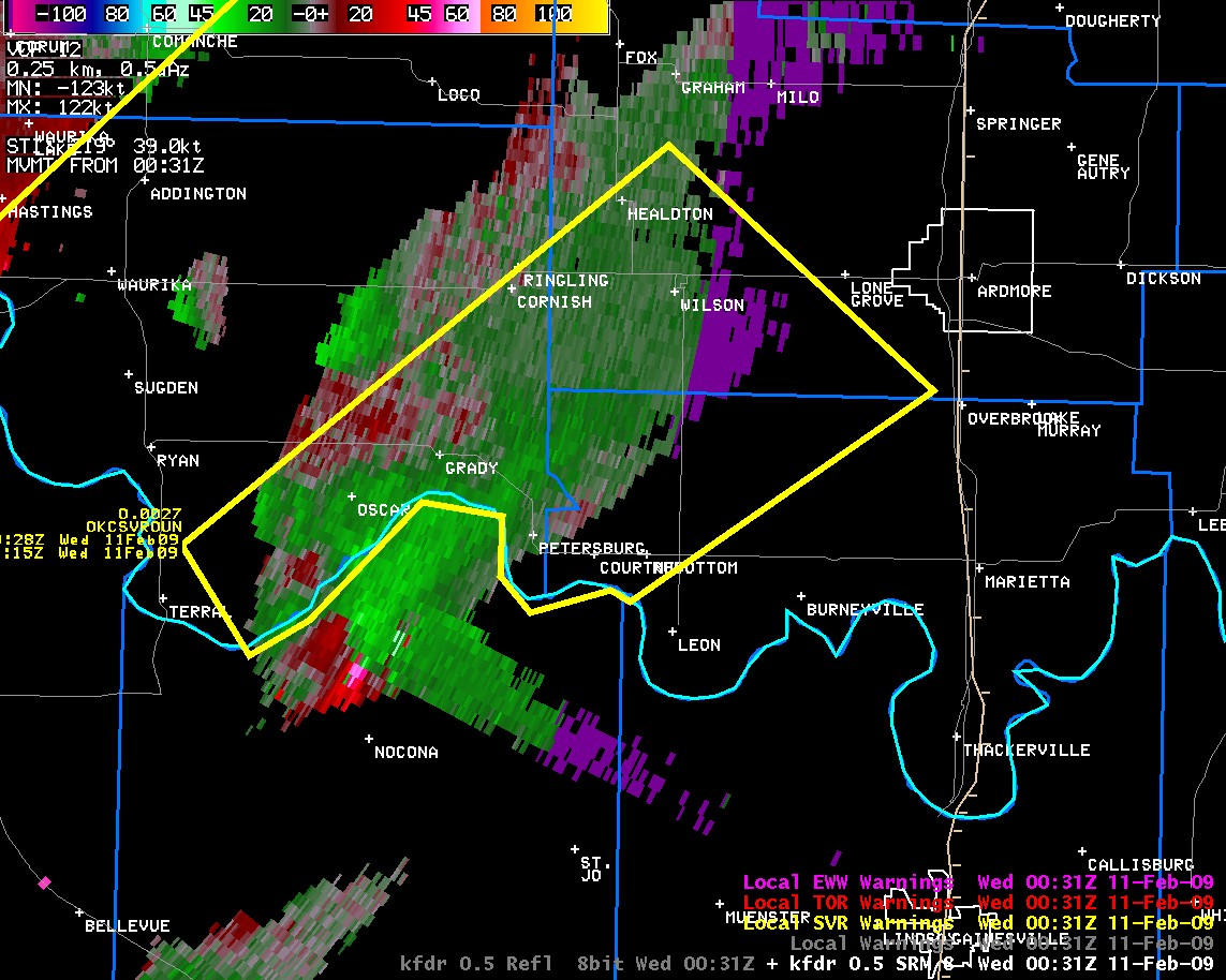 KFDR Storm Relative Velocity Image and Warning Polygons at 6:31 pm CST on February 10, 2009