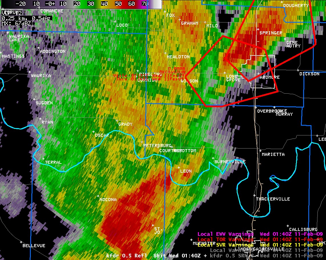 KFDR Reflectivity Image and Warning Polygons at 7:40 pm CST on February 10, 2009