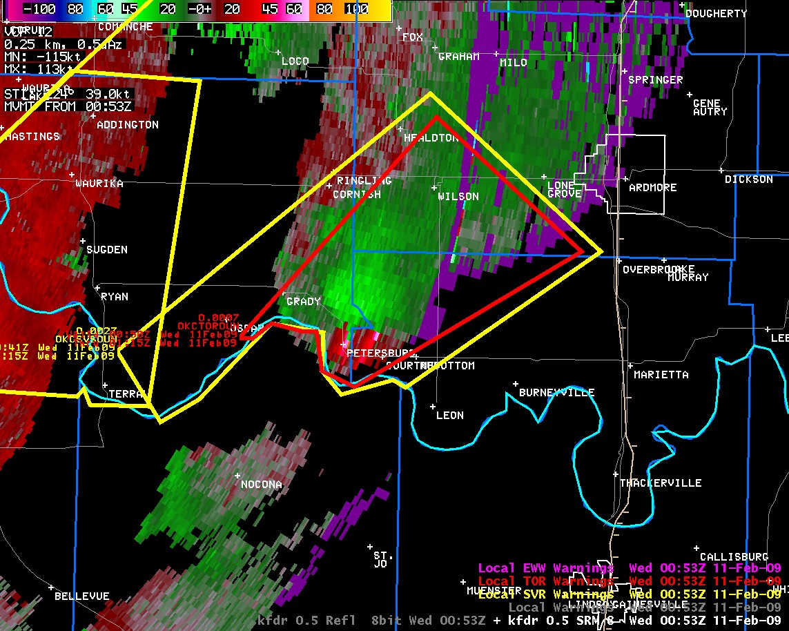 KFDR Storm Relative Velocity Image and Warning Polygons at 6:53 pm CST on February 10, 2009