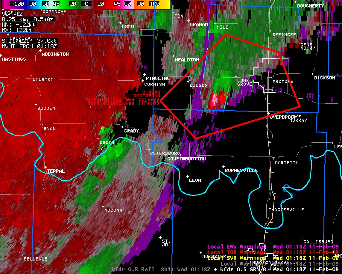 KFDR Storm Relative Velocity Image and Warning Polygons at 7:18 pm CST on February 10, 2009