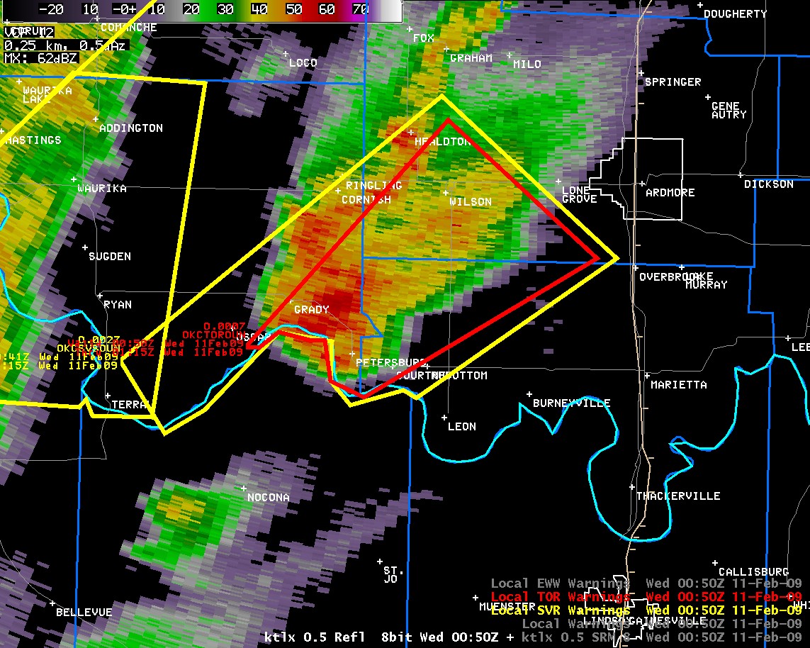 KTLX Reflectivity Image and Warning Polygons at 6:50 pm CST on February 10, 2009
