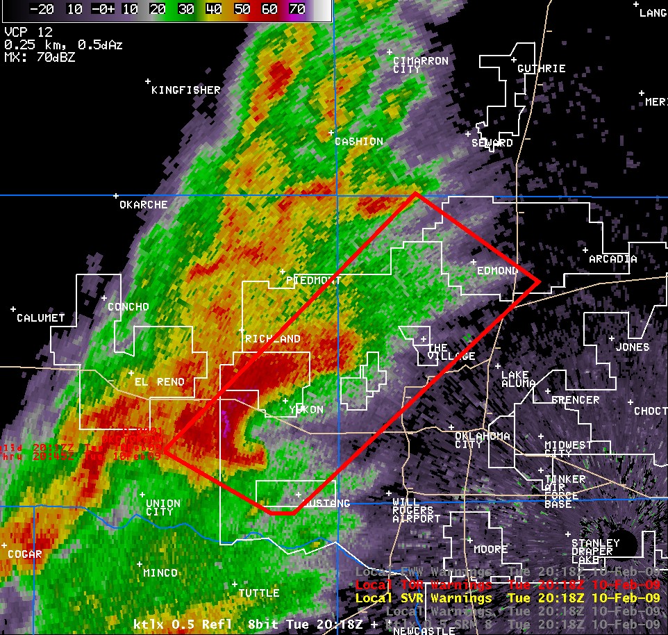 KTLX Reflectivity Image and Warning Polygons at 2:18 pm CST on February 10, 2009