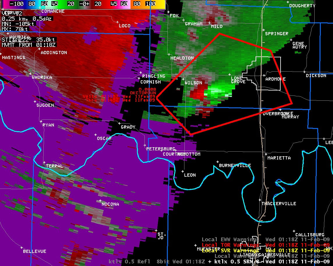 KTLX Storm Relative Velocity Image and Warning Polygons at 7:18 pm CST on February 10, 2009