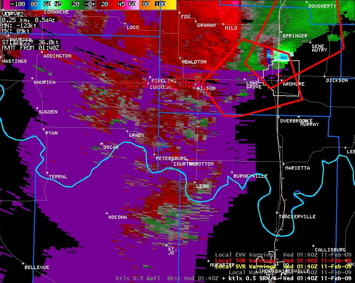KTLX Storm Relative Velocity Image and Warning Polygons at 7:40 pm CST on February 10, 2009