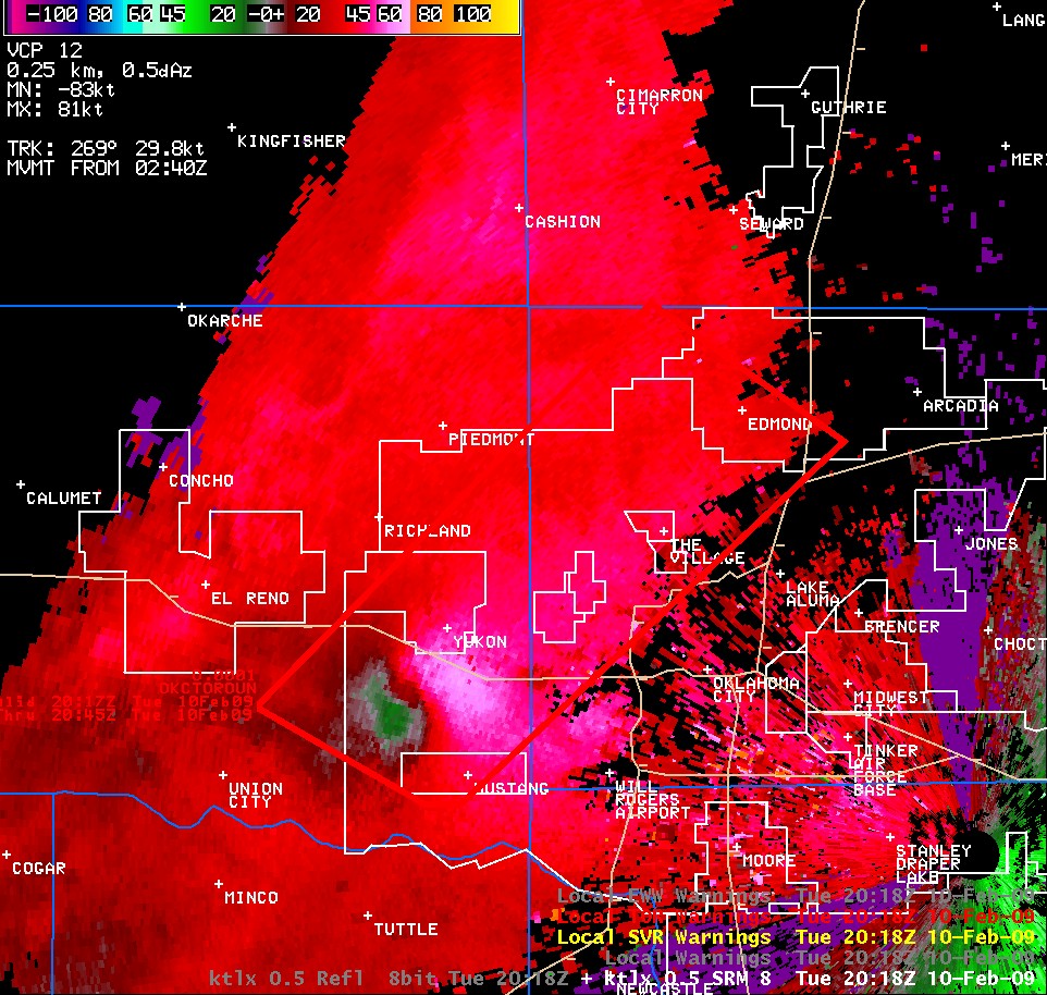 KTLX Storm Relative Velocity Image and Warning Polygons at 2:18 pm CST on February 10, 2009