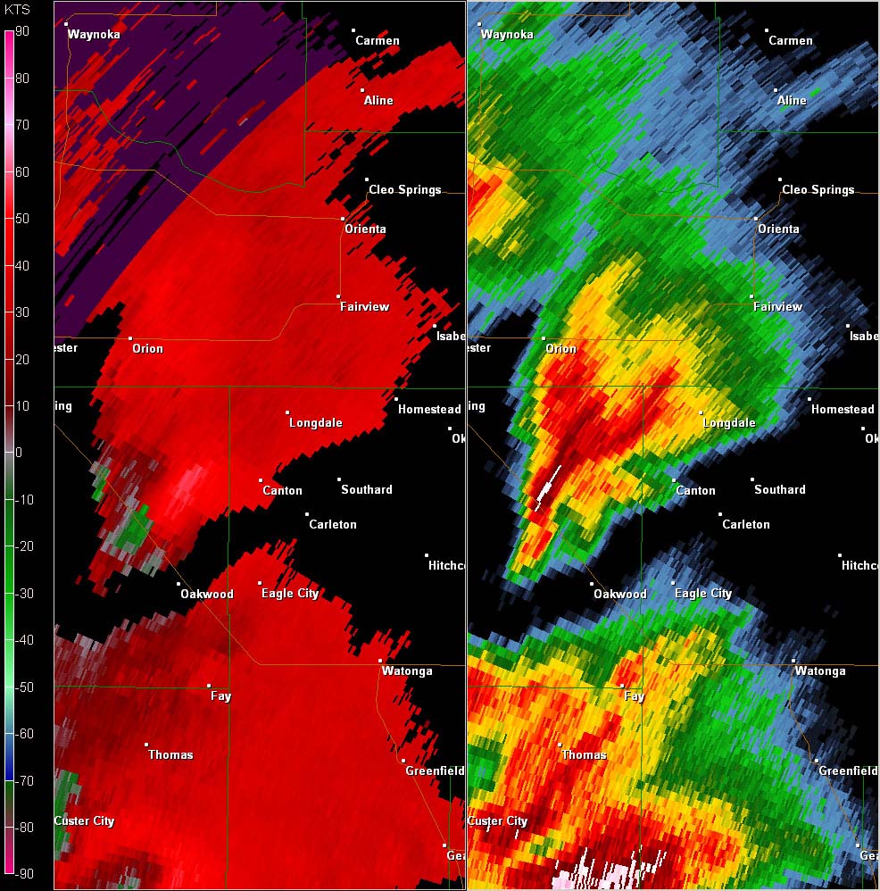 Twin Lakes, OK (KTLX) Combination Radar Reflectivity and Storm Relative Velocity at 3:02 PM CDT on 5/24/2011