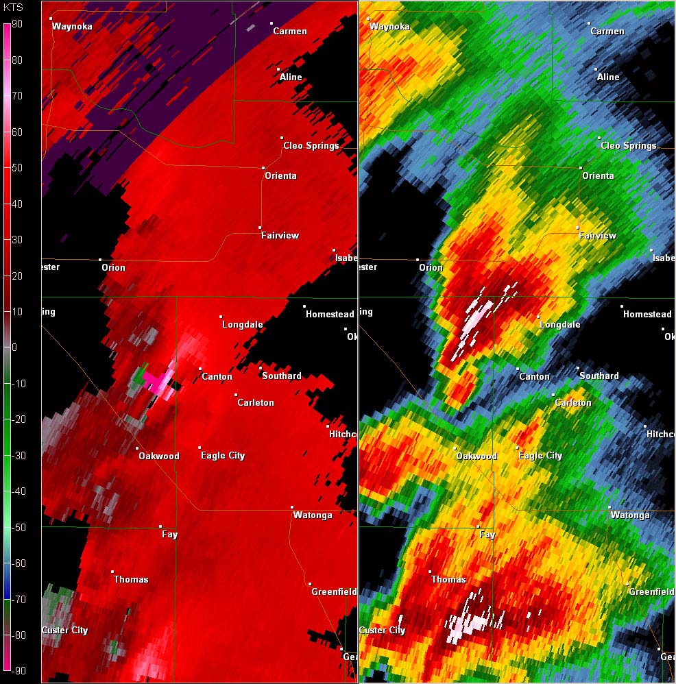 Twin Lakes, OK (KTLX) Combination Radar Reflectivity and Storm Relative Velocity at 3:10 PM CDT on 5/24/2011
