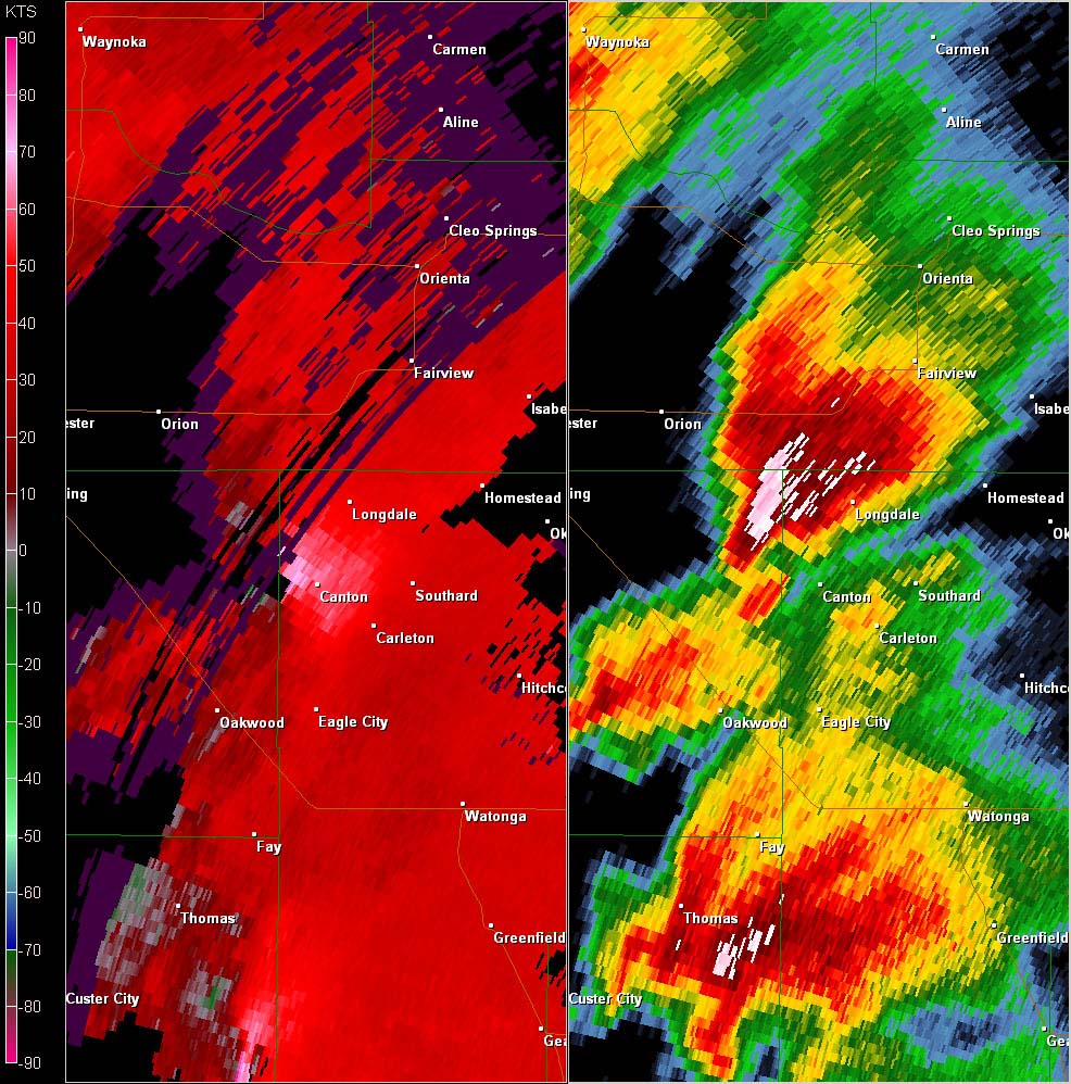 Twin Lakes, OK (KTLX) Combination Radar Reflectivity and Storm Relative Velocity at 3:14 PM CDT on 5/24/2011