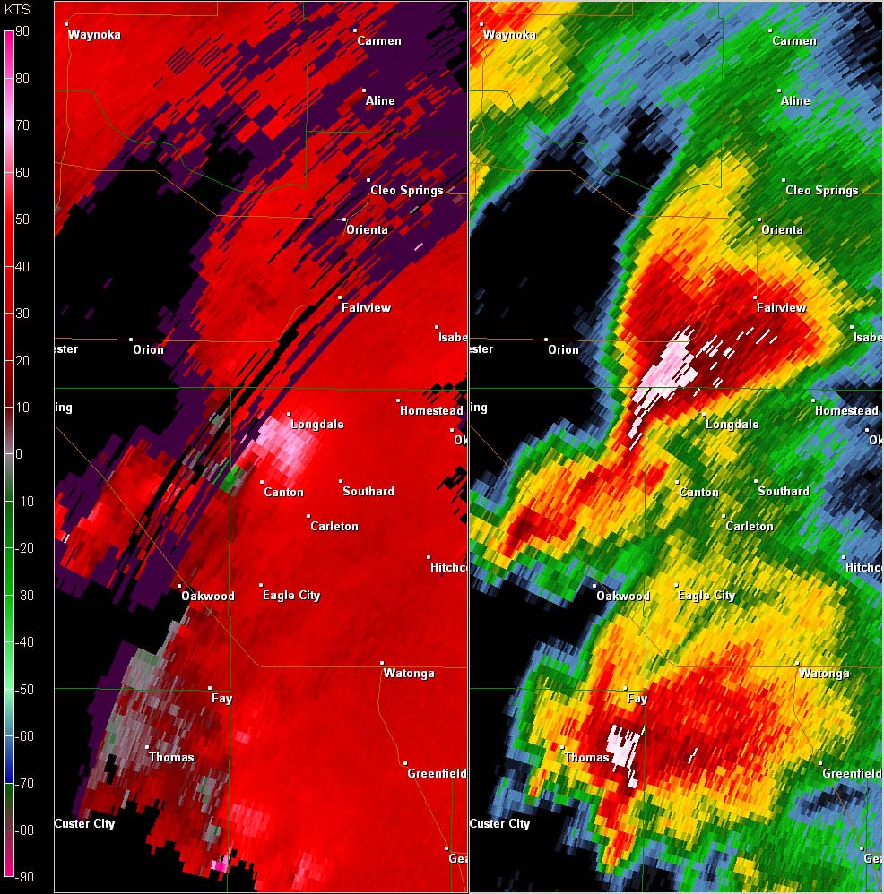 Twin Lakes, OK (KTLX) Combination Radar Reflectivity and Storm Relative Velocity at 3:19 PM CDT on 5/24/2011