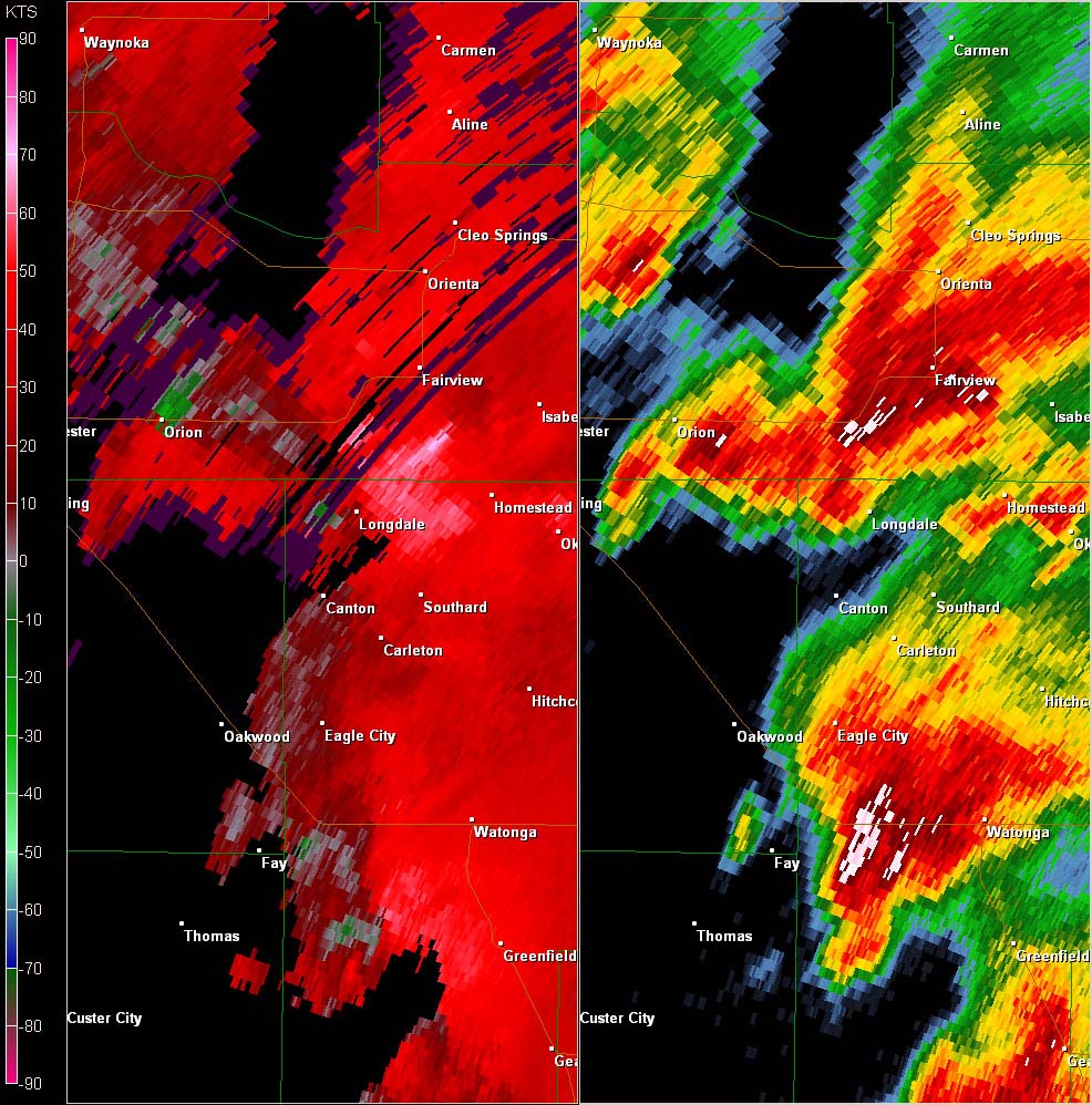 Twin Lakes, OK (KTLX) Combination Radar Reflectivity and Storm Relative Velocity at 3:32 PM CDT on 5/24/2011