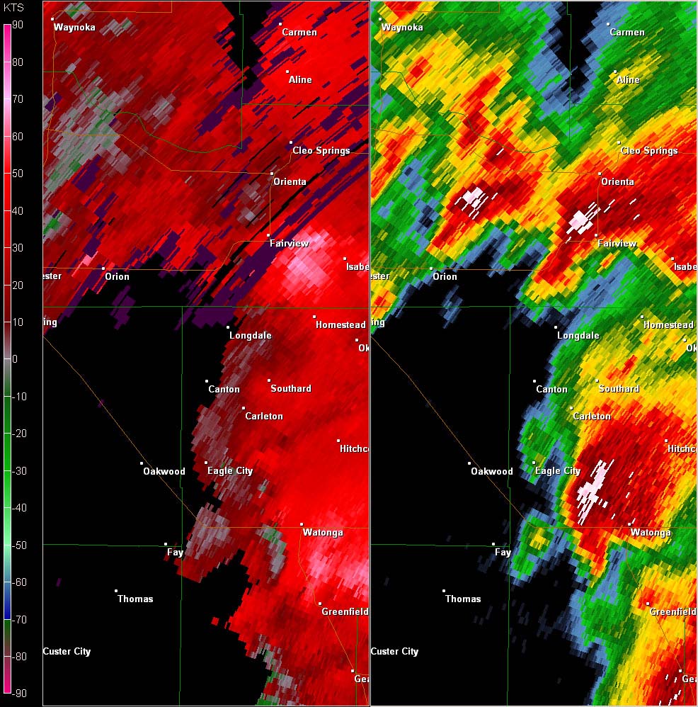 Twin Lakes, OK (KTLX) Combination Radar Reflectivity and Storm Relative Velocity at 3:40 PM CDT on 5/24/2011