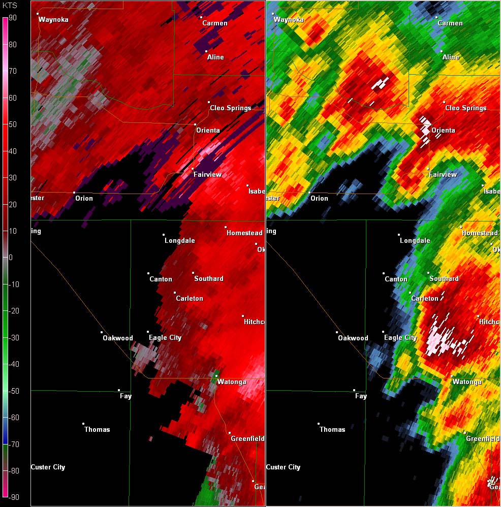 Twin Lakes, OK (KTLX) Combination Radar Reflectivity and Storm Relative Velocity at 3:45 PM CDT on 5/24/2011