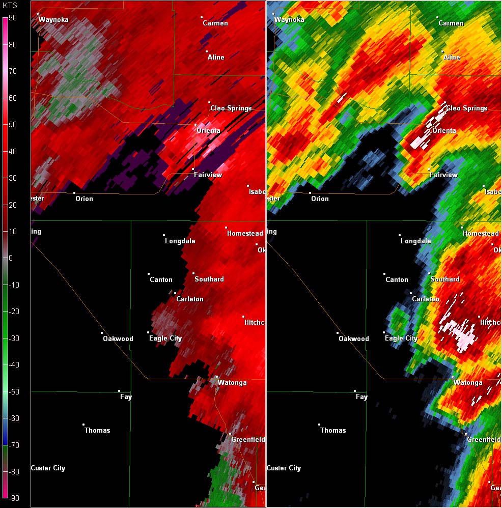 Twin Lakes, OK (KTLX) Combination Radar Reflectivity and Storm Relative Velocity at 3:49 PM CDT on 5/24/2011