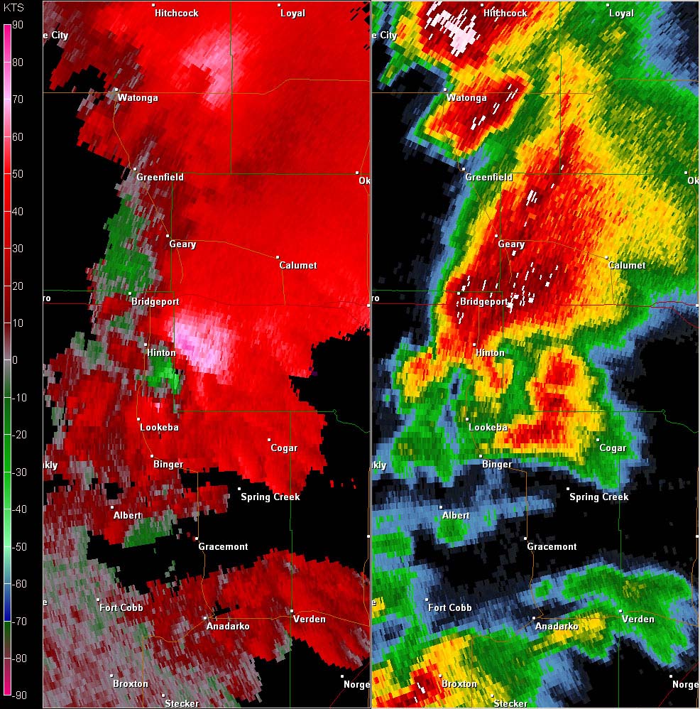 Twin Lakes, OK (KTLX) Combination Radar Reflectivity and Storm Relative Velocity at 3:49 PM CDT on 5/24/2011
