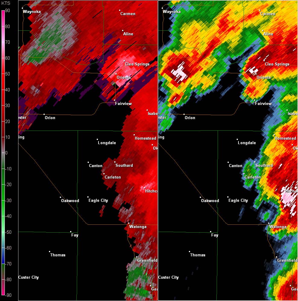 Twin Lakes, OK (KTLX) Combination Radar Reflectivity and Storm Relative Velocity at 3:53 PM CDT on 5/24/2011