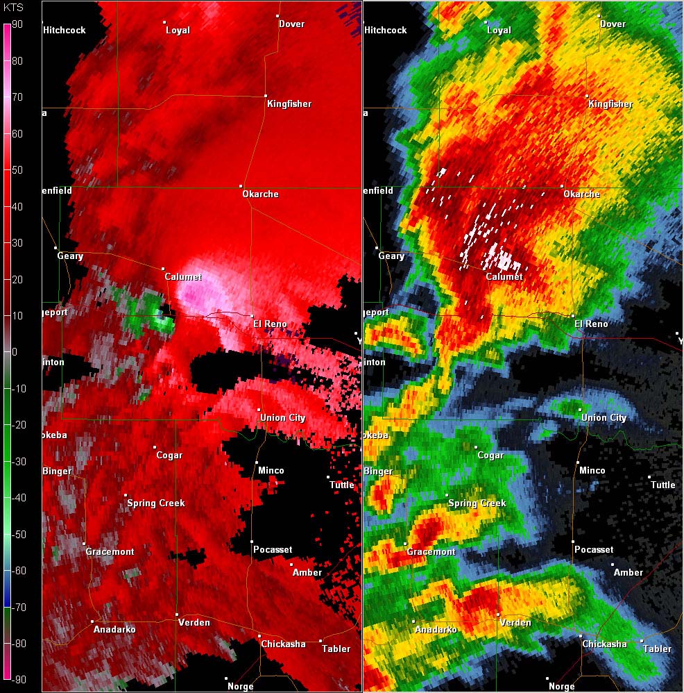 Twin Lakes, OK (KTLX) Combination Radar Reflectivity and Storm Relative Velocity at 4:10 PM CDT on 5/24/2011