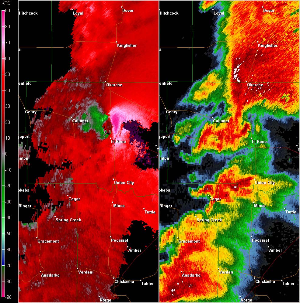 Twin Lakes, OK (KTLX) Combination Radar Reflectivity and Storm Relative Velocity at 4:27 PM CDT on 5/24/2011