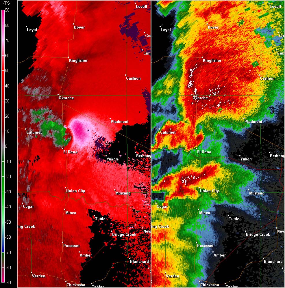 Twin Lakes, OK (KTLX) Combination Radar Reflectivity and Storm Relative Velocity at 4:31 PM CDT on 5/24/2011