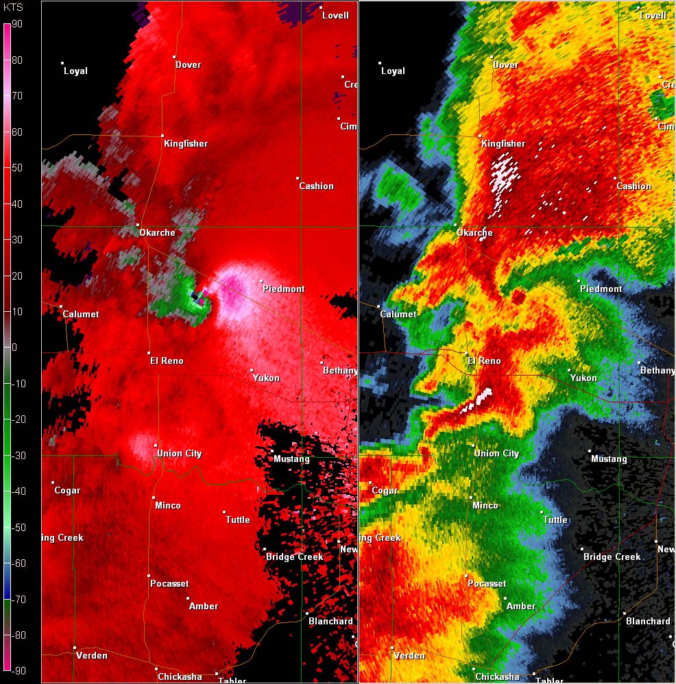Twin Lakes, OK (KTLX) Combination Radar Reflectivity and Storm Relative Velocity at 4:40 PM CDT on 5/24/2011