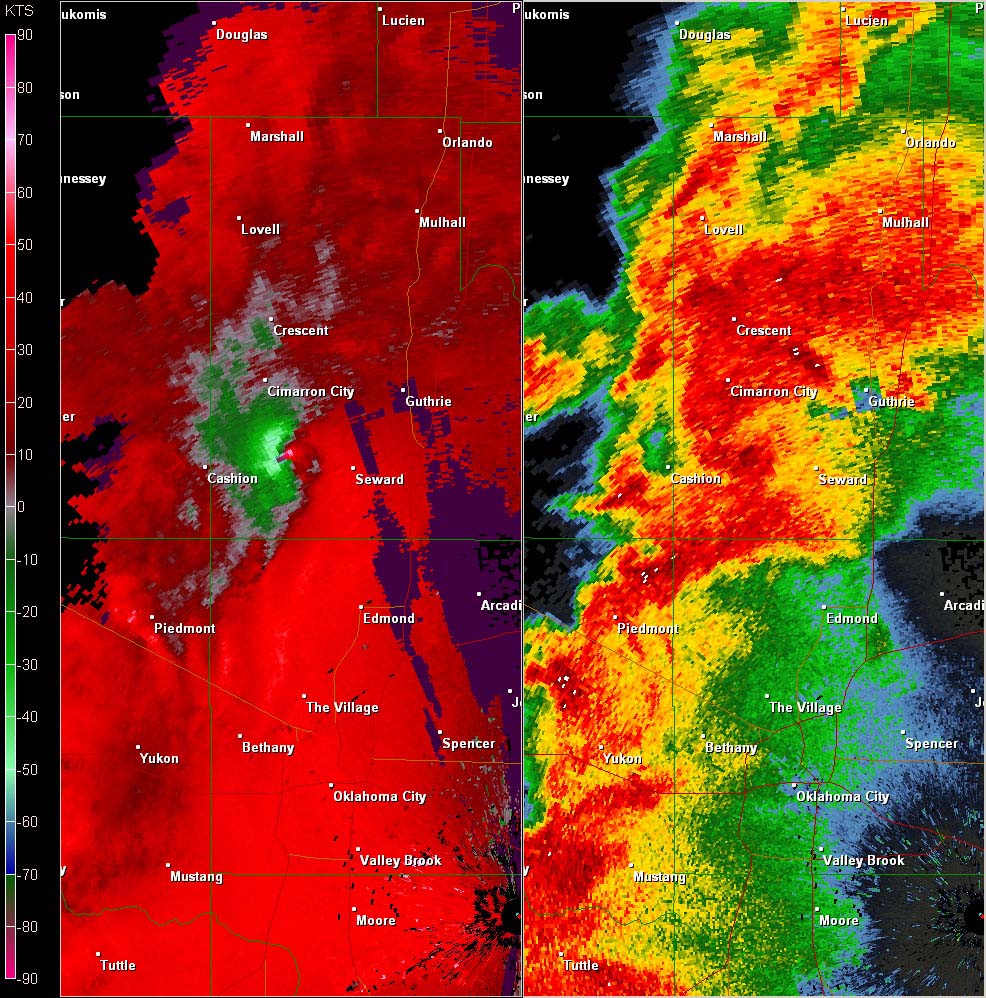 Twin Lakes, OK (KTLX) Combination Radar Reflectivity and Storm Relative Velocity at 5:14 PM CDT on 5/24/2011
