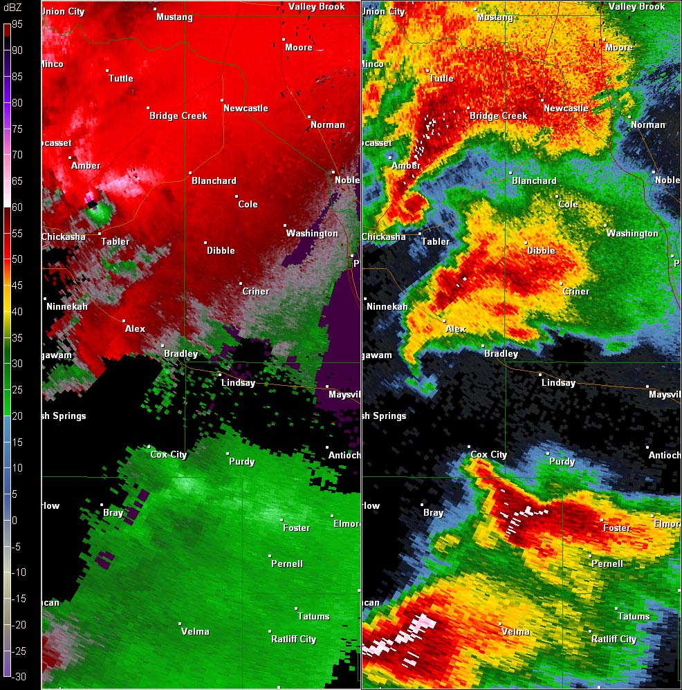 Twin Lakes, OK (KTLX) Combination Radar Reflectivity and Storm Relative Velocity at 5:22 PM CDT on 5/24/2011