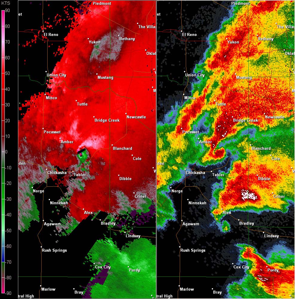 Twin Lakes, OK (KTLX) Combination Radar Reflectivity and Storm Relative Velocity at 5:26 PM CDT on 5/24/2011