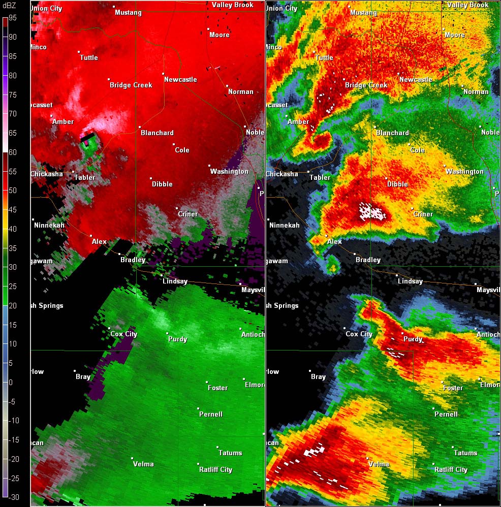 Twin Lakes, OK (KTLX) Combination Radar Reflectivity and Storm Relative Velocity at 5:26 PM CDT on 5/24/2011