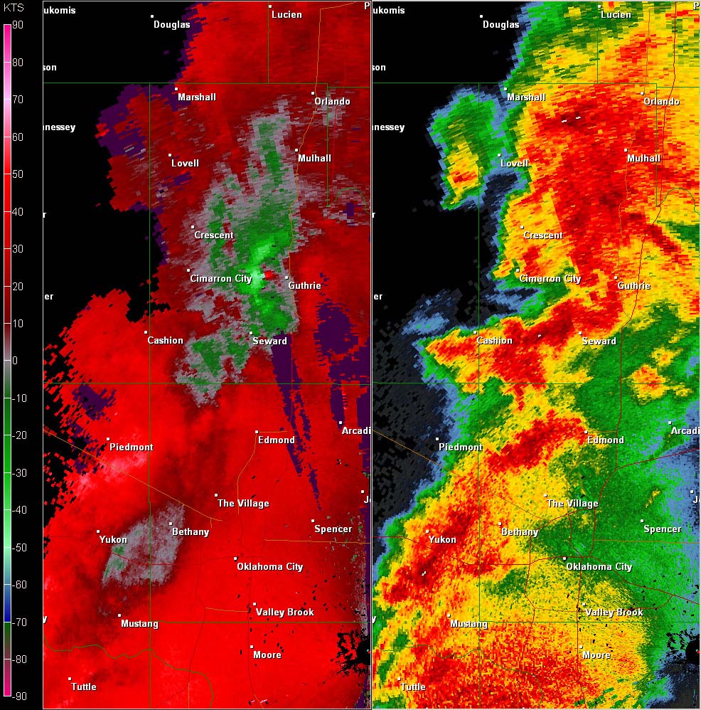 Twin Lakes, OK (KTLX) Combination Radar Reflectivity and Storm Relative Velocity at 5:27 PM CDT on 5/24/2011