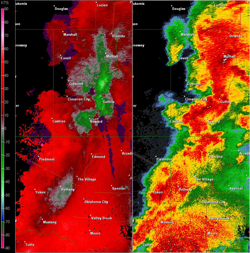 Twin Lakes, OK (KTLX) Combination Radar Reflectivity and Storm Relative Velocity at 5:31 PM CDT on 5/24/2011