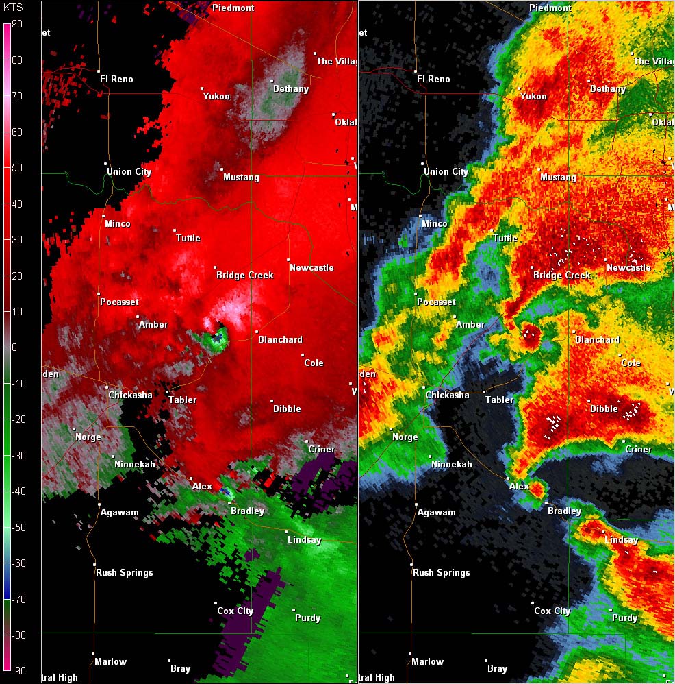 Twin Lakes, OK (KTLX) Combination Radar Reflectivity and Storm Relative Velocity at 5:31 PM CDT on 5/24/2011