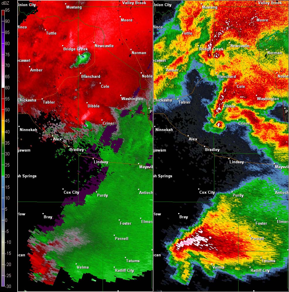 Twin Lakes, OK (KTLX) Combination Radar Reflectivity and Storm Relative Velocity at 5:39 PM CDT on 5/24/2011