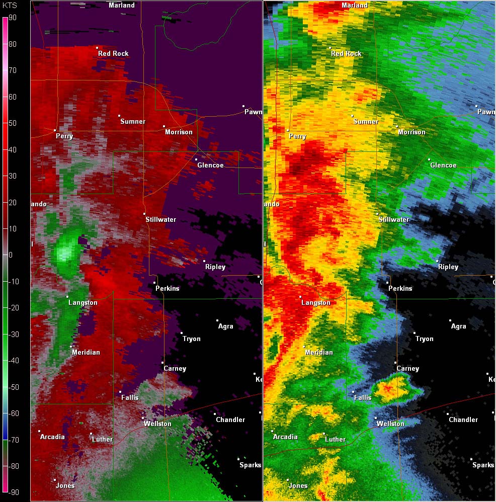 Twin Lakes, OK (KTLX) Combination Radar Reflectivity and Storm Relative Velocity at 5:48 PM CDT on 5/24/2011