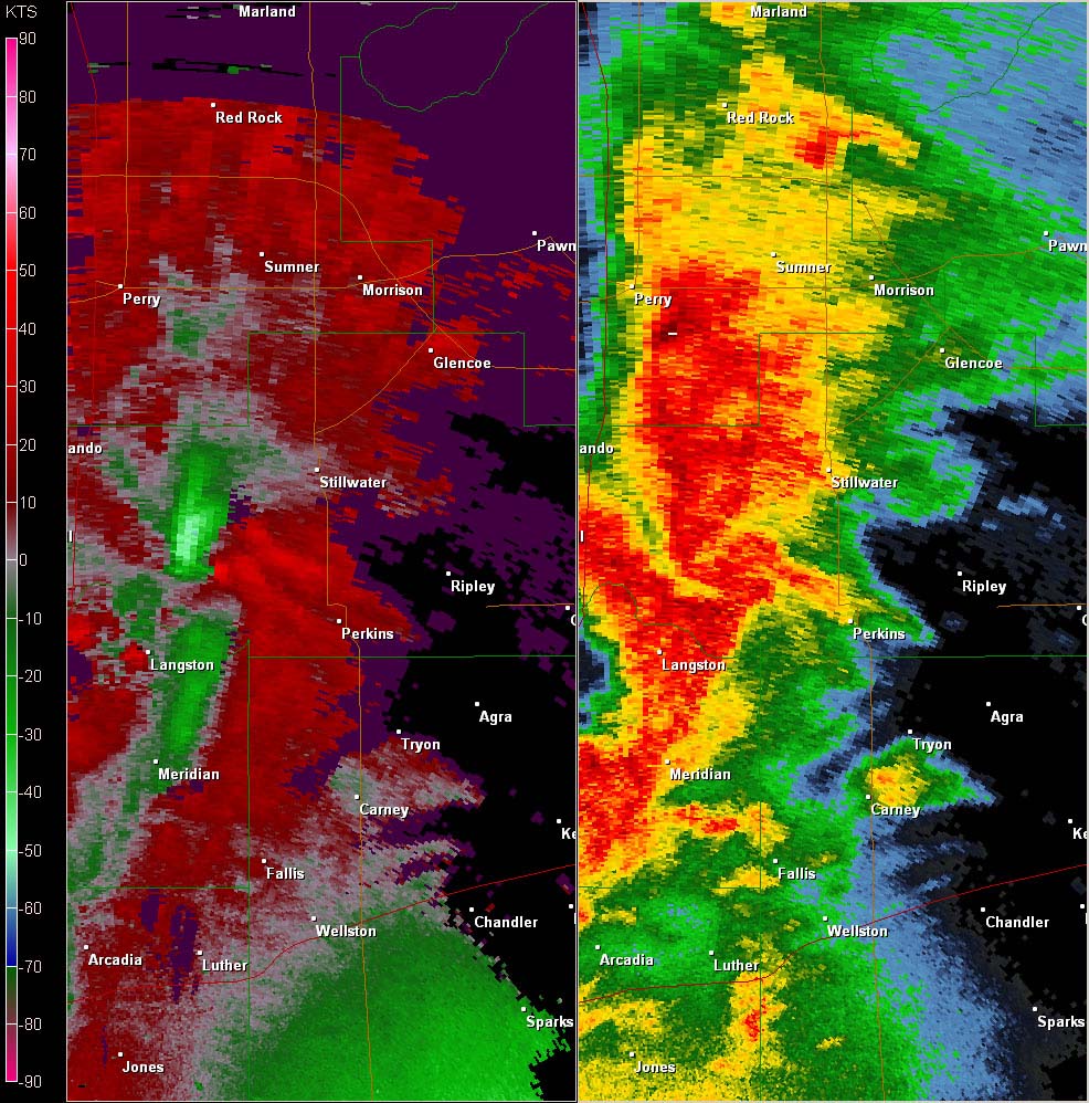 Twin Lakes, OK (KTLX) Combination Radar Reflectivity and Storm Relative Velocity at 5:52 PM CDT on 5/24/2011