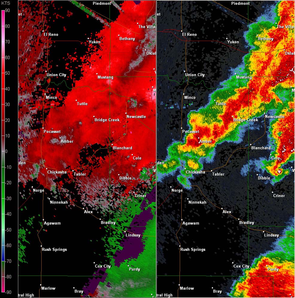 Twin Lakes, OK (KTLX) Combination Radar Reflectivity and Storm Relative Velocity at 5:52 PM CDT on 5/24/2011