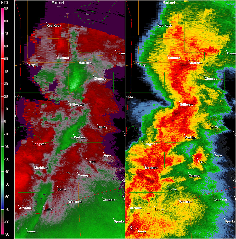 Twin Lakes, OK (KTLX) Combination Radar Reflectivity and Storm Relative Velocity at 6:10 PM CDT on 5/24/2011