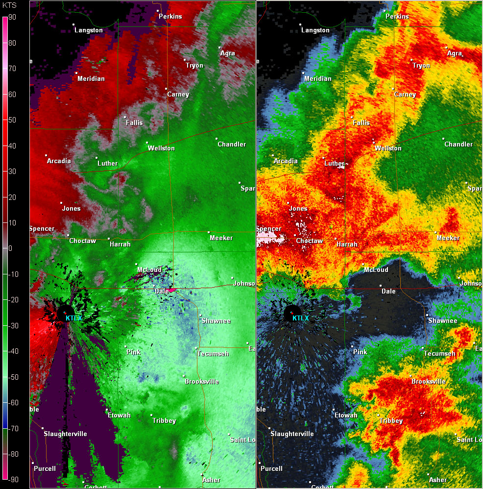 Twin Lakes, OK (KTLX) Combination Radar Reflectivity and Storm Relative Velocity at 6:34 PM CDT on 5/24/2011