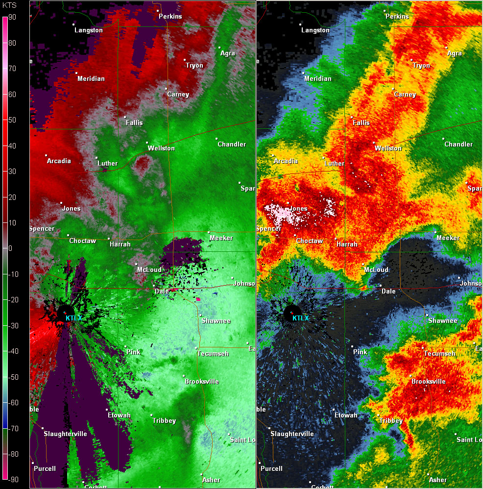 Twin Lakes, OK (KTLX) Combination Radar Reflectivity and Storm Relative Velocity at 6:39 PM CDT on 5/24/2011