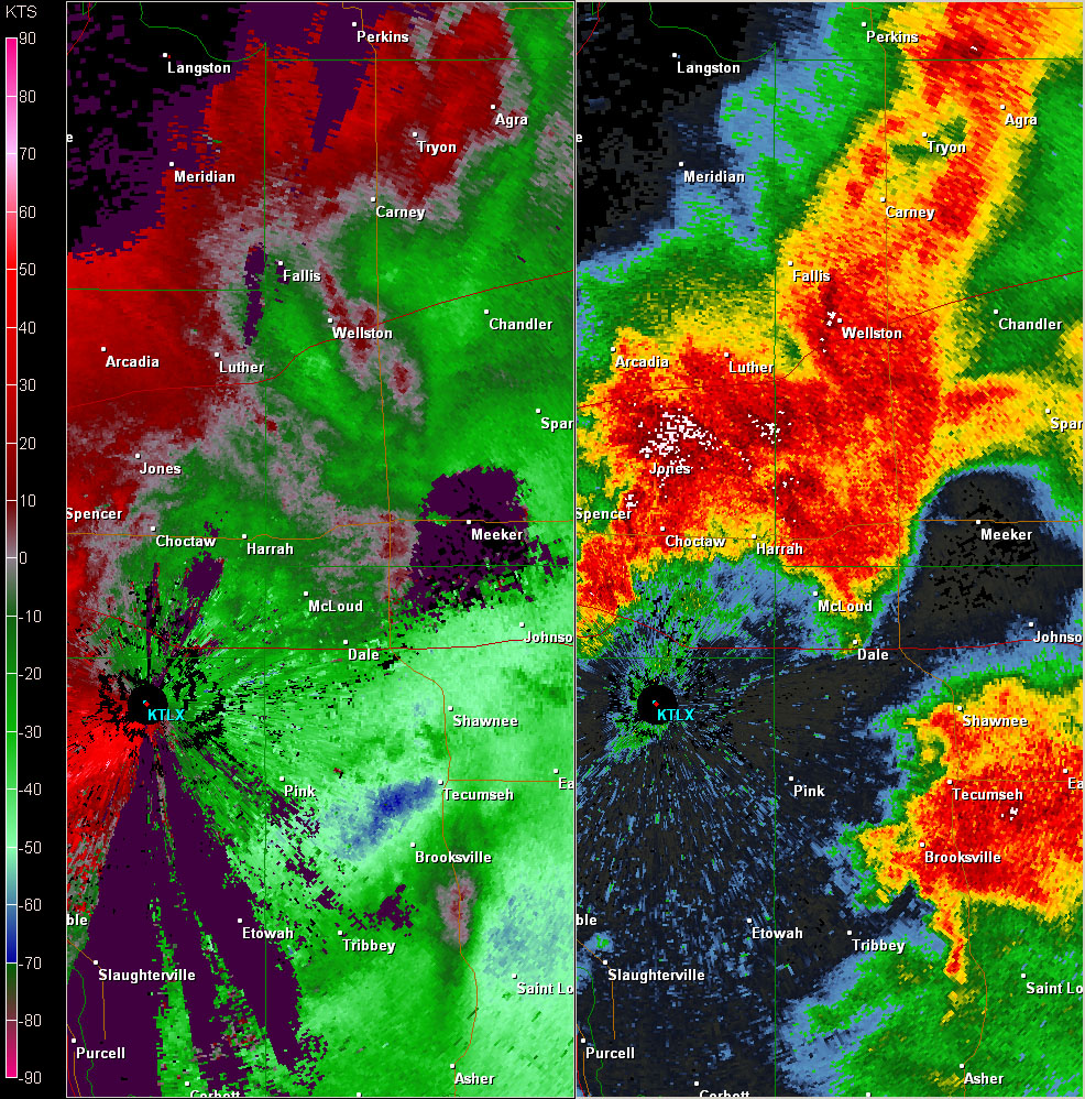 Twin Lakes, OK (KTLX) Combination Radar Reflectivity and Storm Relative Velocity at 6:43 PM CDT on 5/24/2011
