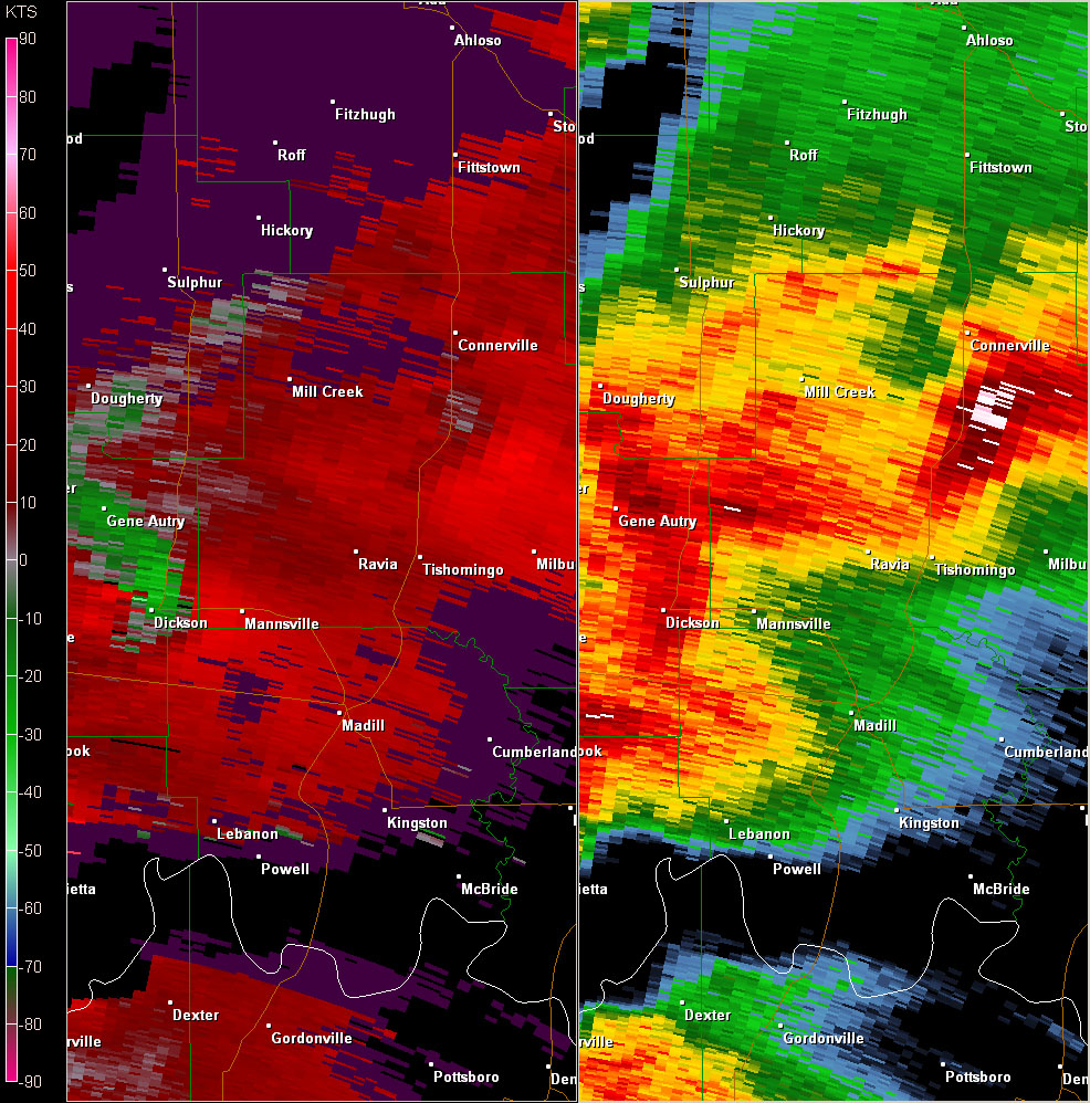 Fort Worth, TX (KFWS) Radar Reflectivity and Storm Relative Velocity at 7:18 PM CDT on 5/24/2011