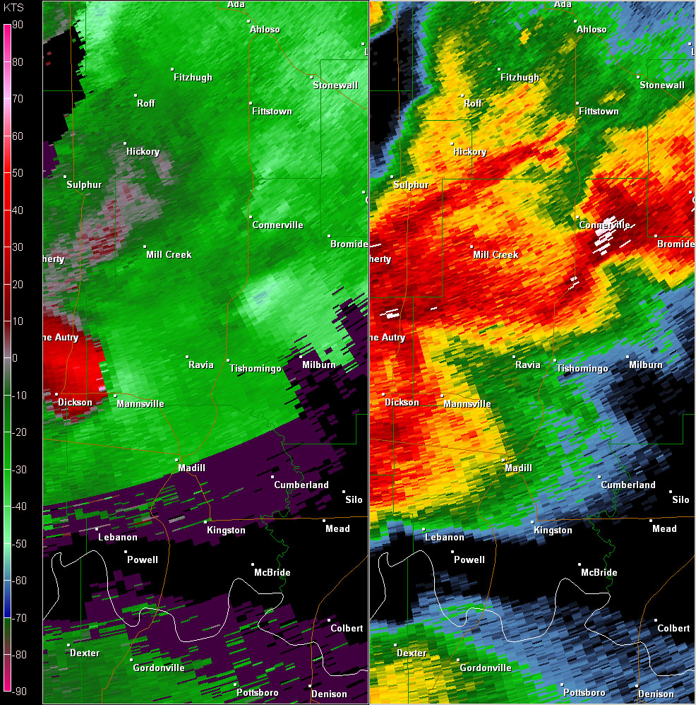Twin Lakes, OK (KTLX) Radar Reflectivity and Storm Relative Velocity at 7:21 PM CDT on 5/24/2011