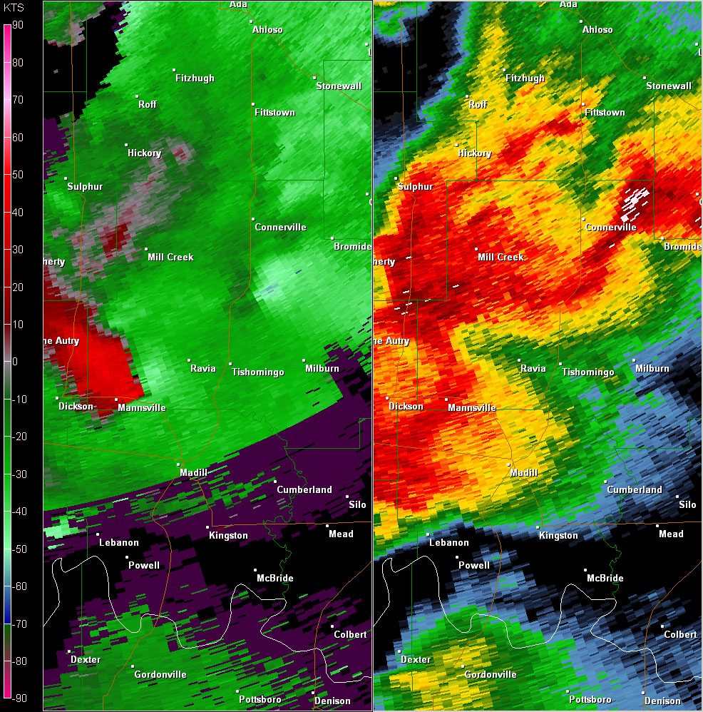 Twin Lakes, OK (KTLX) Radar Reflectivity and Storm Relative Velocity at 7:25 PM CDT on 5/24/2011