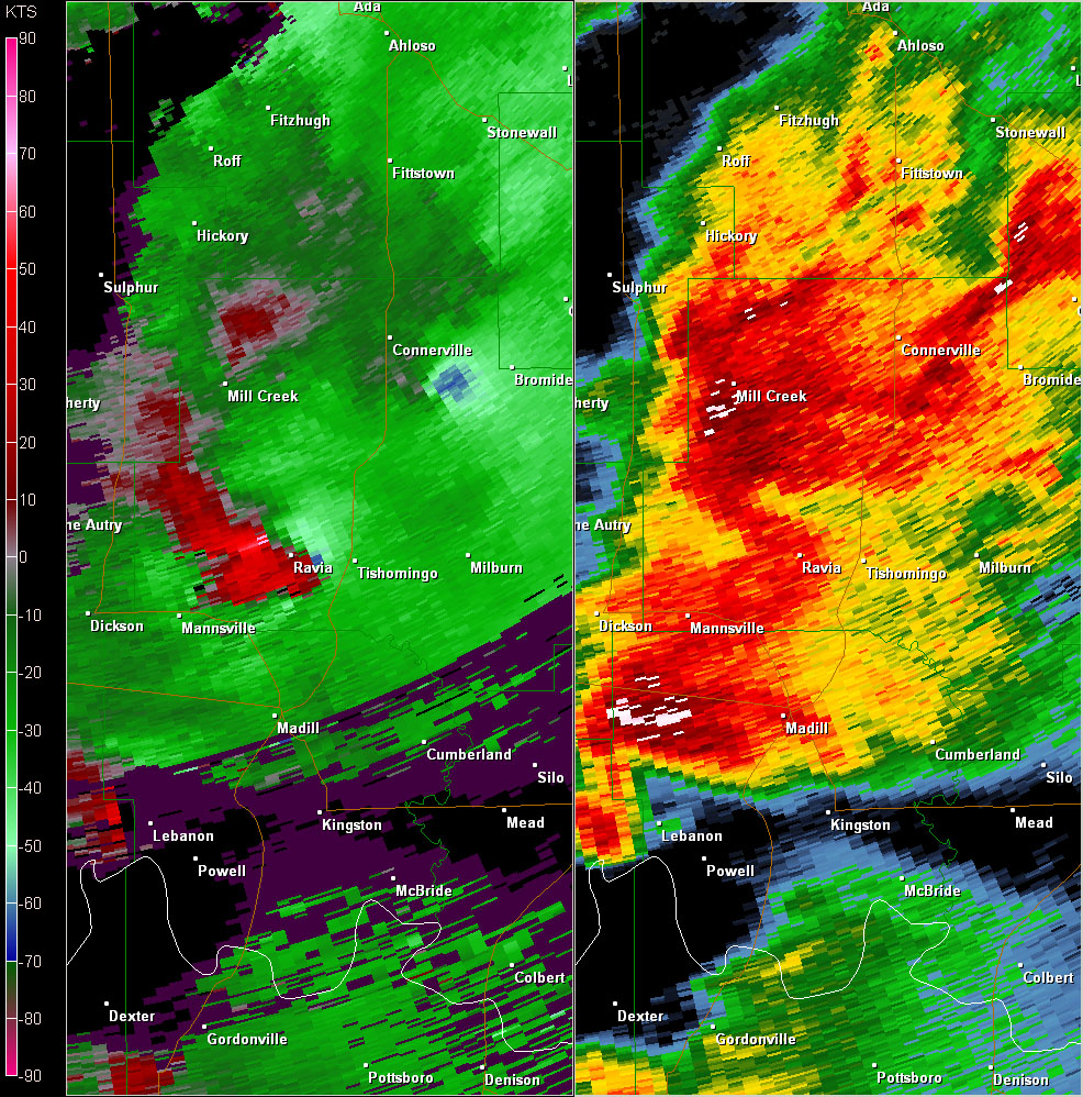 Twin Lakes, OK (KTLX) Radar Reflectivity and Storm Relative Velocity at 7:33 PM CDT on 5/24/2011