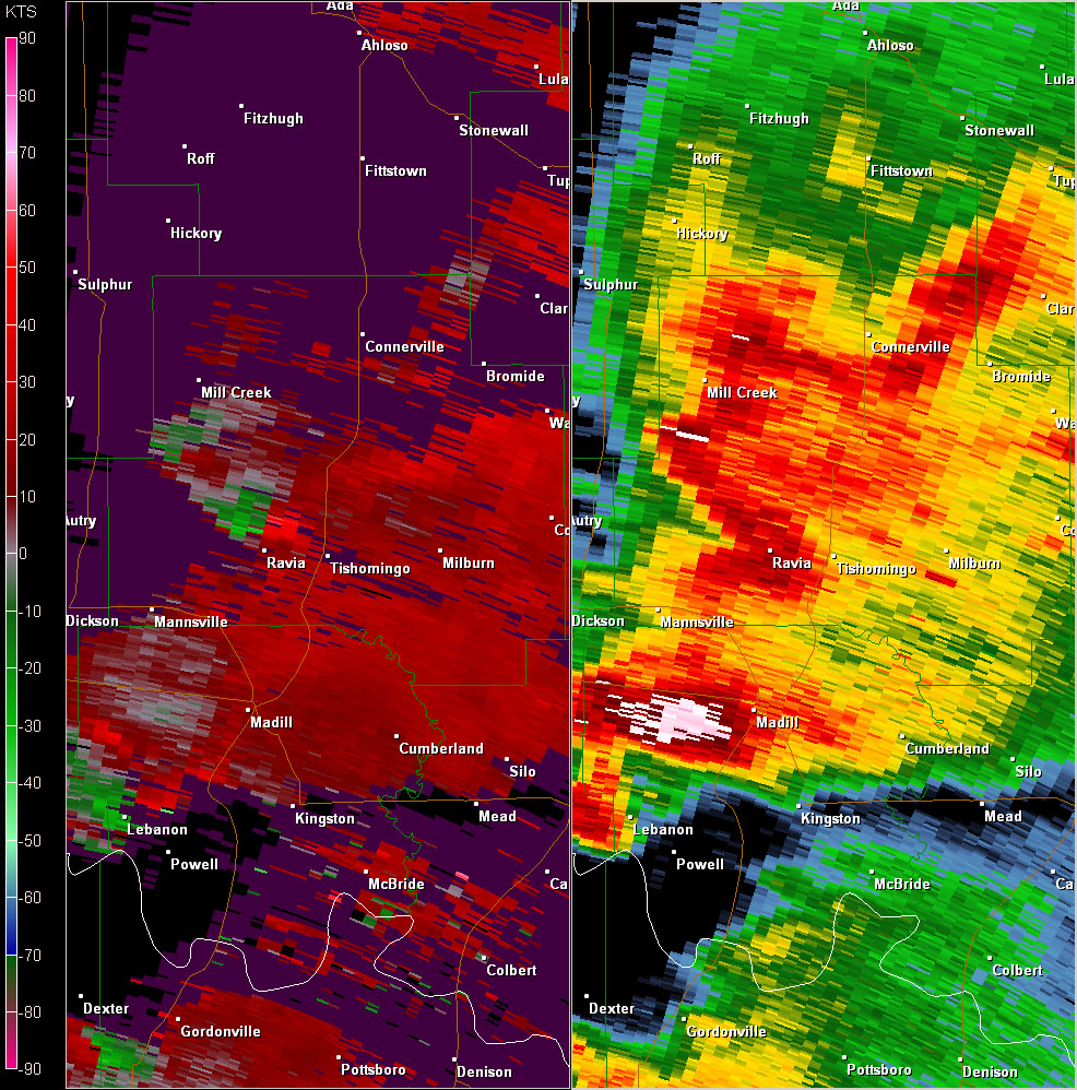 Fort Worth, TX (KFWS) Radar Reflectivity and Storm Relative Velocity at 7:34 PM CDT on 5/24/2011