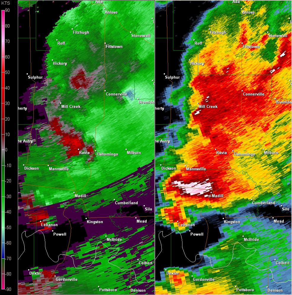 Twin Lakes, OK (KTLX) Radar Reflectivity and Storm Relative Velocity at 7:37 PM CDT on 5/24/2011