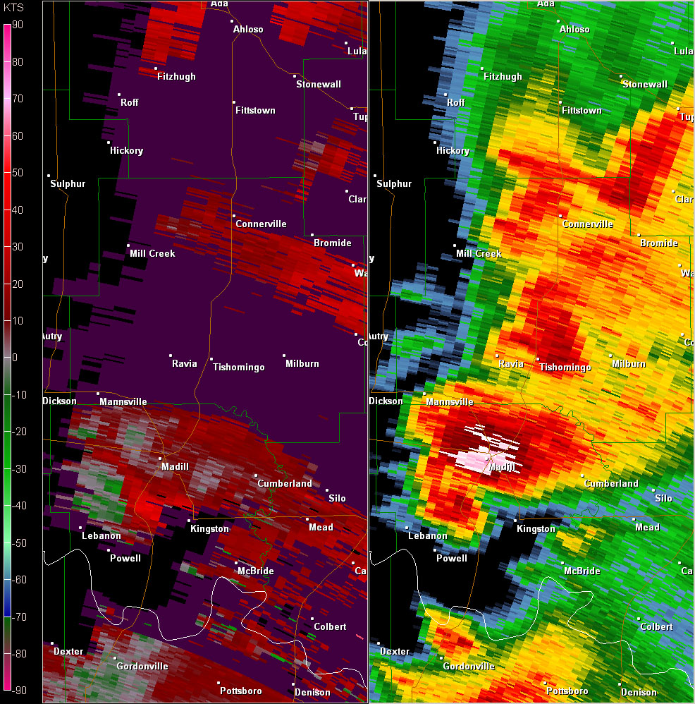 Fort Worth, TX (KFWS) Radar Reflectivity and Storm Relative Velocity at 7:43 PM CDT on 5/24/2011